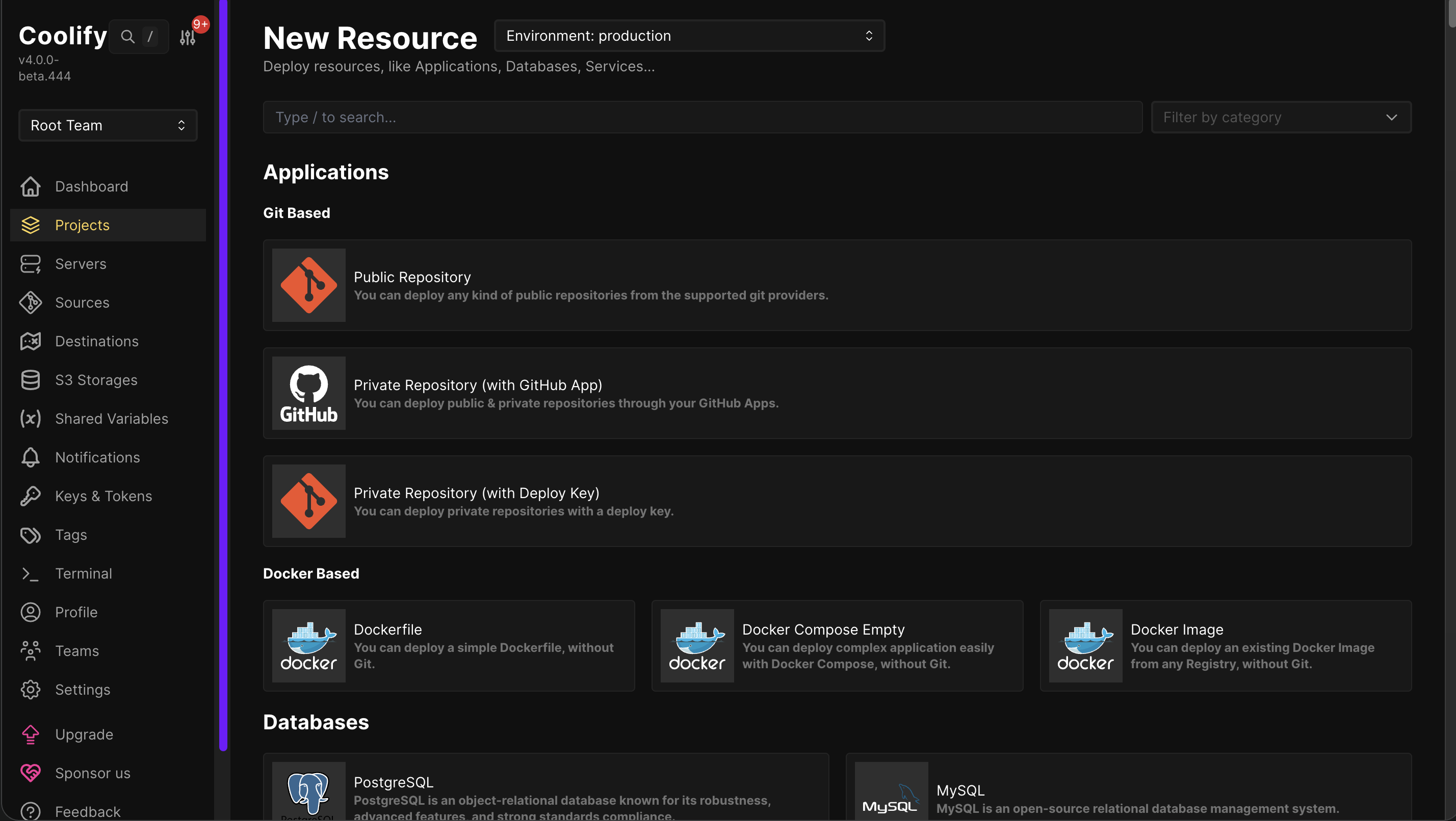 Création d'une ressource dans Coolify