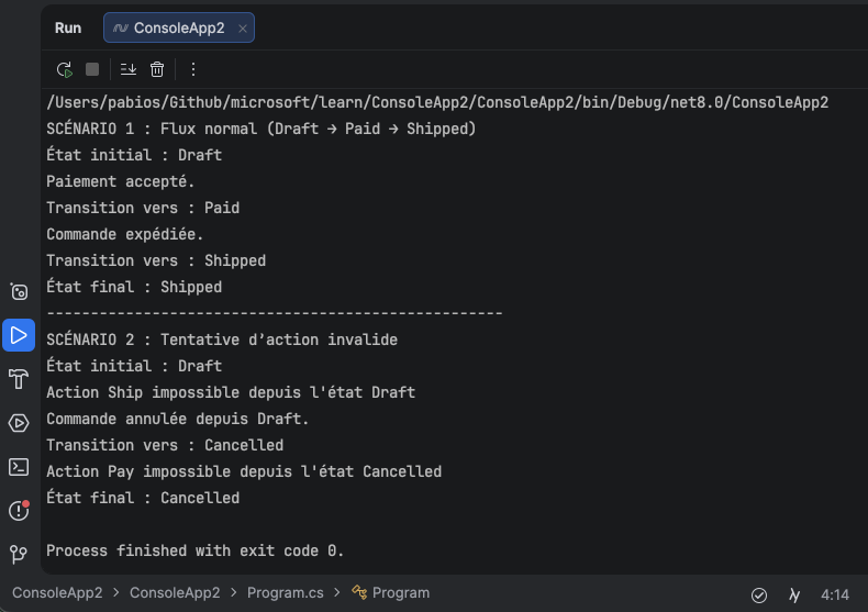 Résultat du test du pattern State
